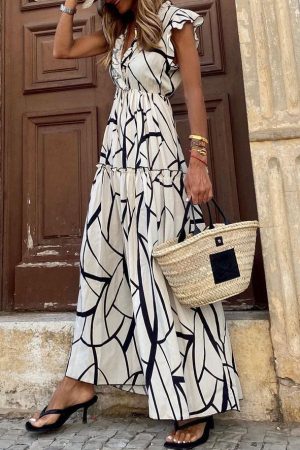 JO | Geometric print V-neck ruffle midi dress