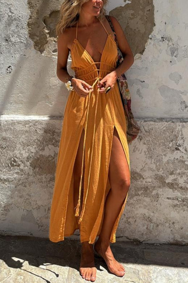 JO | Linen Blend Elastic Waist Halter Backless Pocket Slit Midi Dress