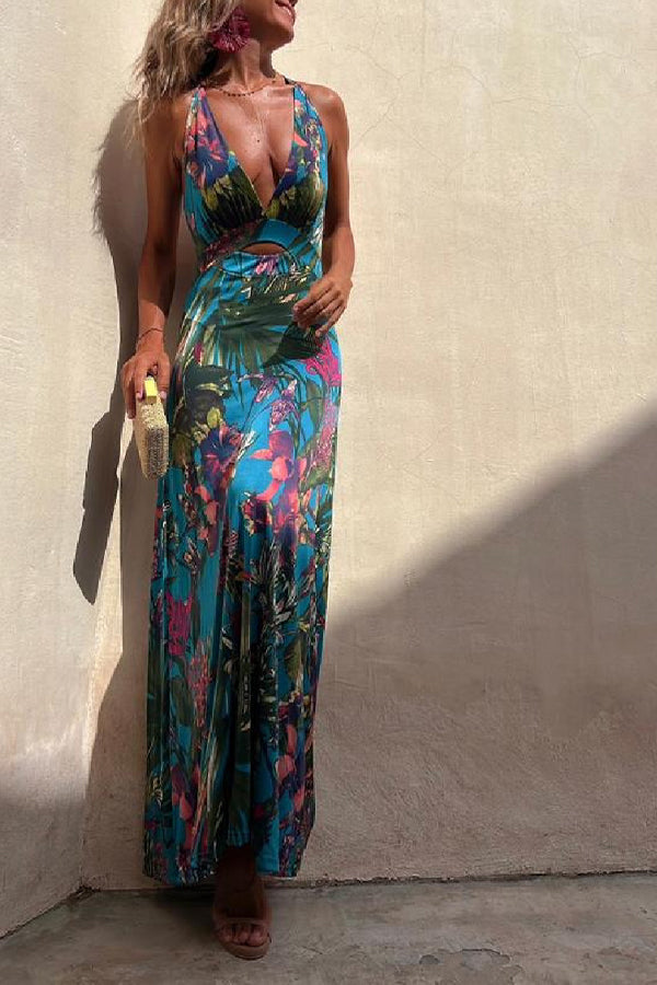 JO | RAINFOREST PARADISE TROPICAL PRINT NECKLINE BACK CROSSOVER STRETCH MAXI DRESS