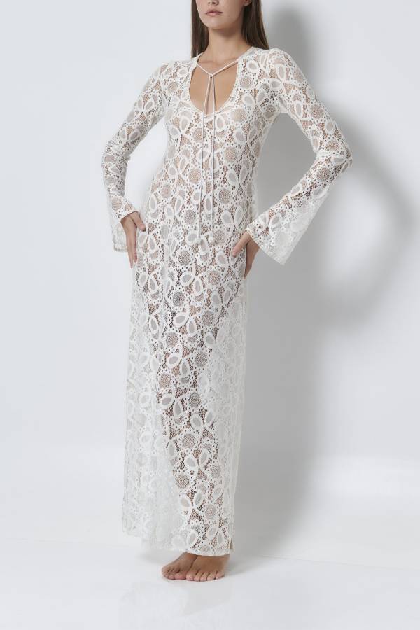 JO | Santorini Sunset Floral Lace Long Sleeve Slit Vacation Maxi Dress