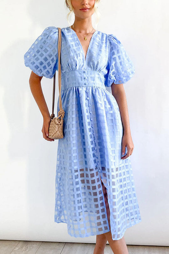 JO | Remarkable Beauty Square Patterned Fabric Puff Sleeve Party Midi Dress