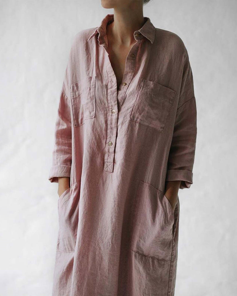JO | Casual Button Raglan Long Sleeve Pockets Loose Shirt Dress Lounge Midi Dresses Beach Cover Up