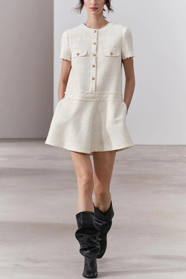 JO | 1960s London Girl tweed textured gold button short sleeve pocketed mini dress