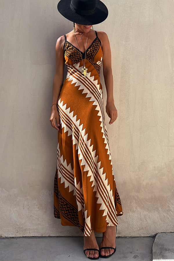 JO | Always Falling Satin Ethnic Print Smocked Back Midi Dress