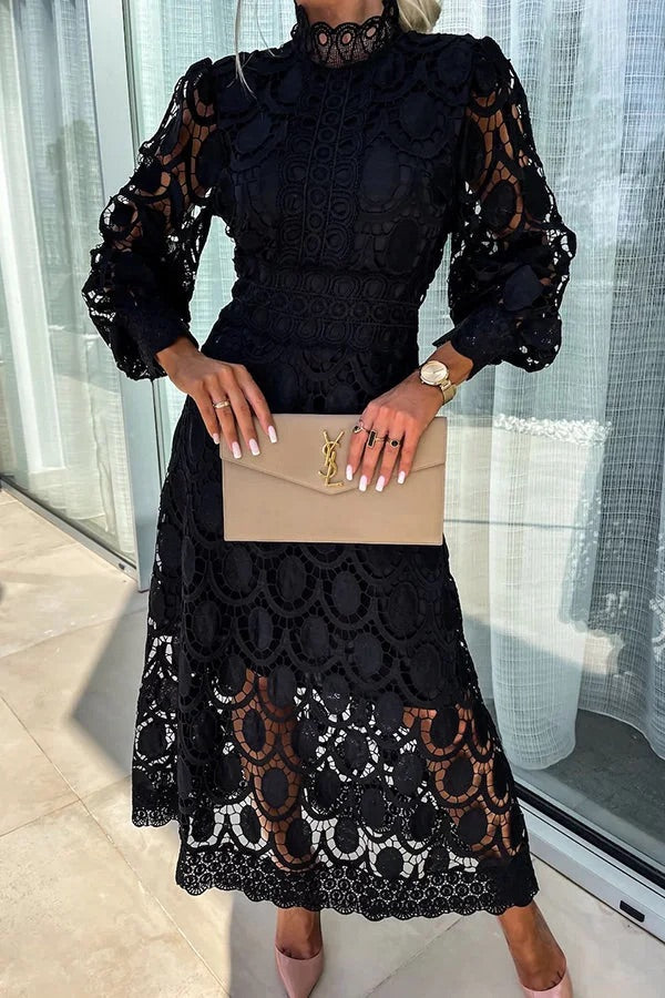 JO | Romantic, Sensual and Elegant Crochet Lace Lantern Sleeve Party Midi Dress