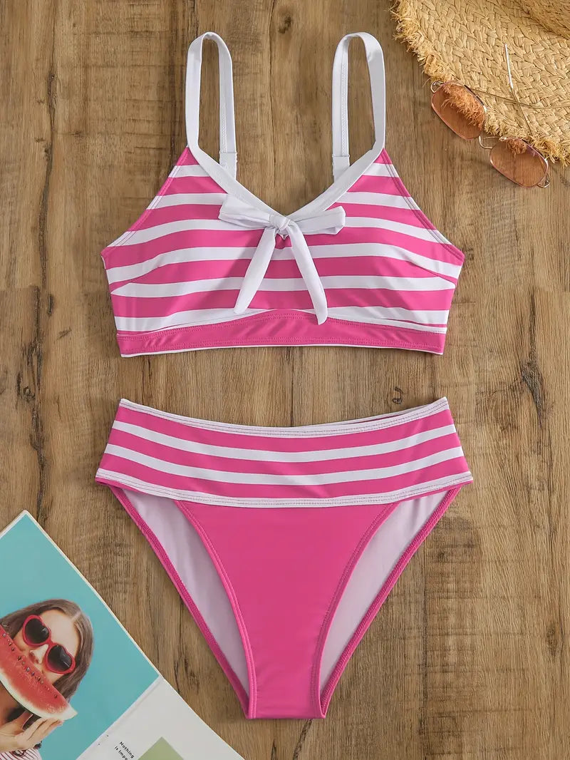 JO | Sexy striped print bow knot V-neck bikini