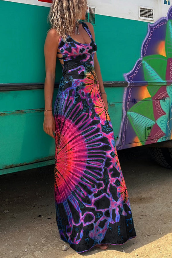 JO | La Bamba tie-dye print back lace-up stretch maxi dress
