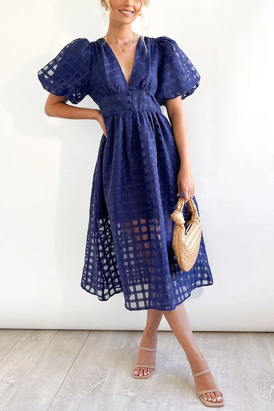 JO | Remarkable Beauty Square Patterned Fabric Puff Sleeve Party Midi Dress