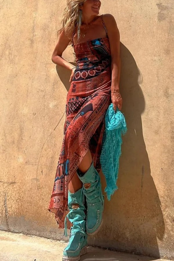 JO | Gypsy Style Unique Print Cowl Neck Back Lace Up Slit Midi Dress