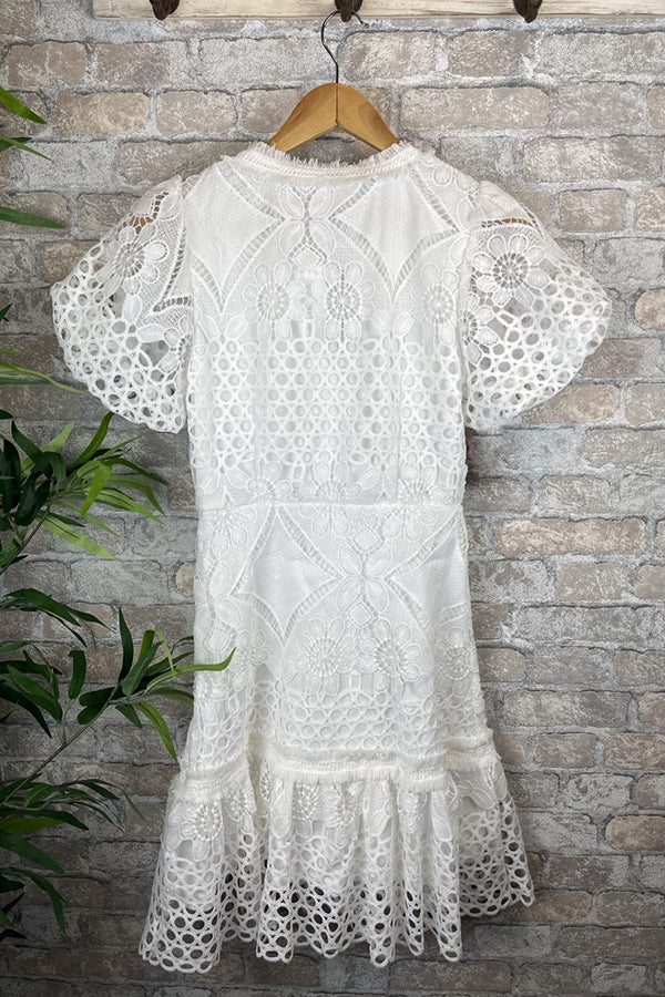 JO | Sweet Valor Crochet Lace Puff Sleeve Button Up Mini Dress