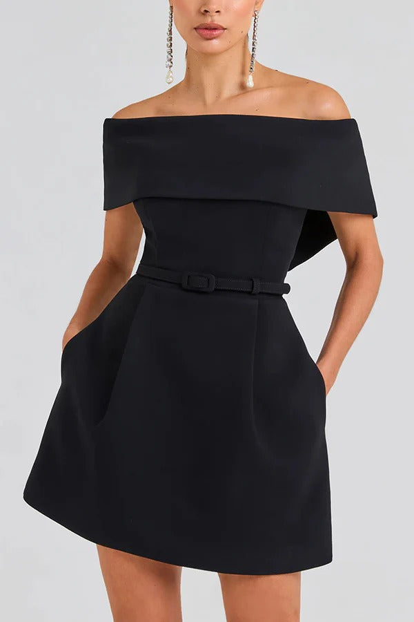 JO | Elegant Evening Lapel Bandeau Detachable Belt Pocketed Mini Dress