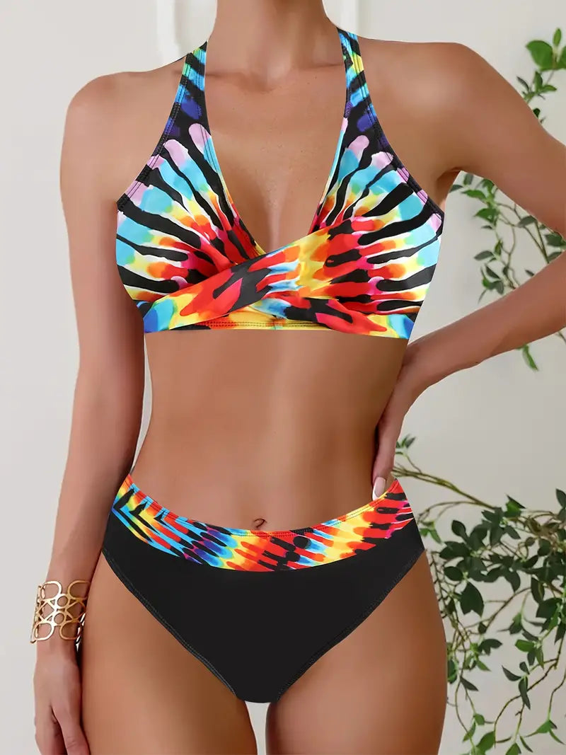 JO | Stylish Random Print Halter Cross Bikini