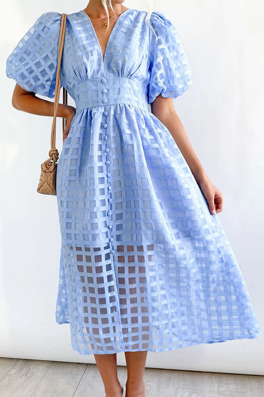JO | Remarkable Beauty Square Patterned Fabric Puff Sleeve Party Midi Dress