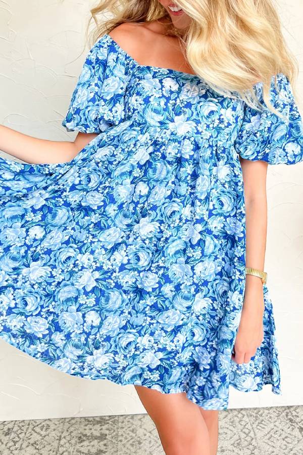 JO | Blue floral babydoll mini dress with puff sleeves