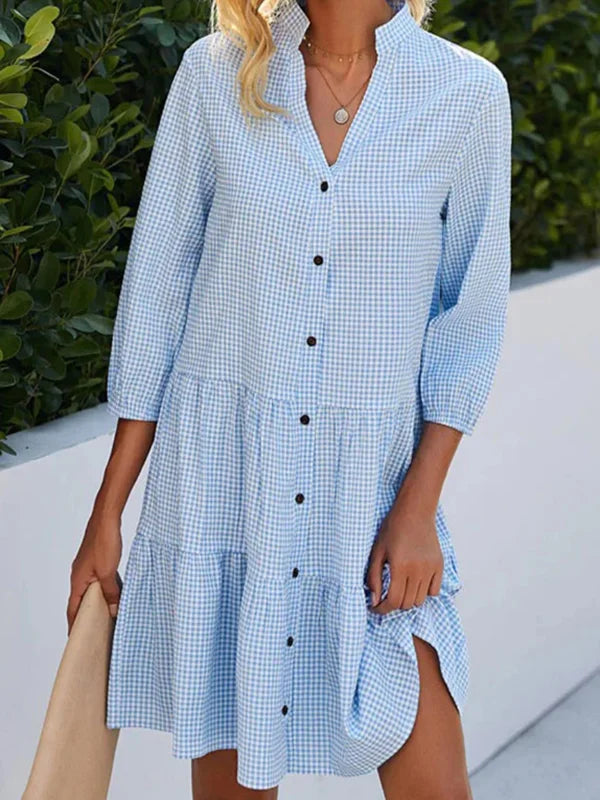 JO | Loose-fitting shirt dress in A-line, checked, with split neckline, halterneck and button fastening