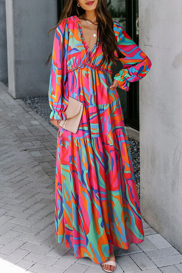 JO | Multicolor floral print ruffle trim low-cut maxi dress