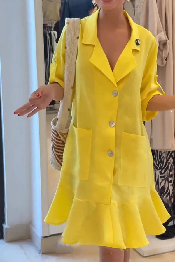 JO | Solid Color Casual Lapel Bag Ruffle Loose Mini Dress