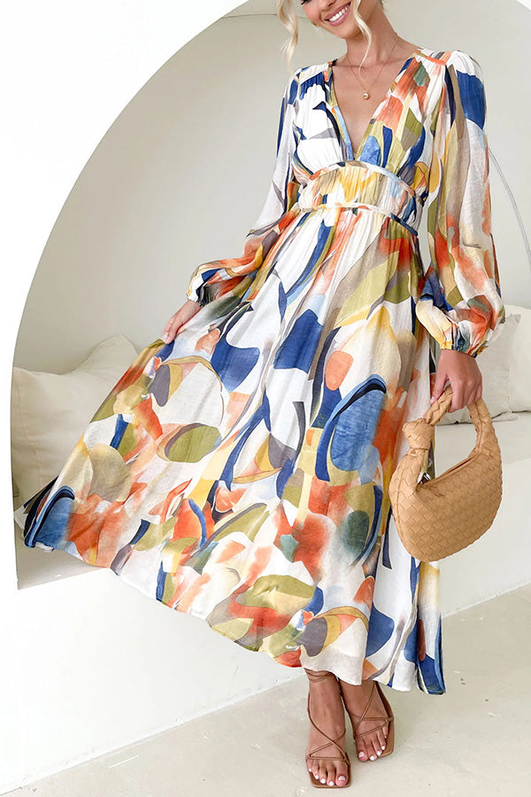JO | Eclipse Season Printed long-sleeved maxi dress with flowing sleeves