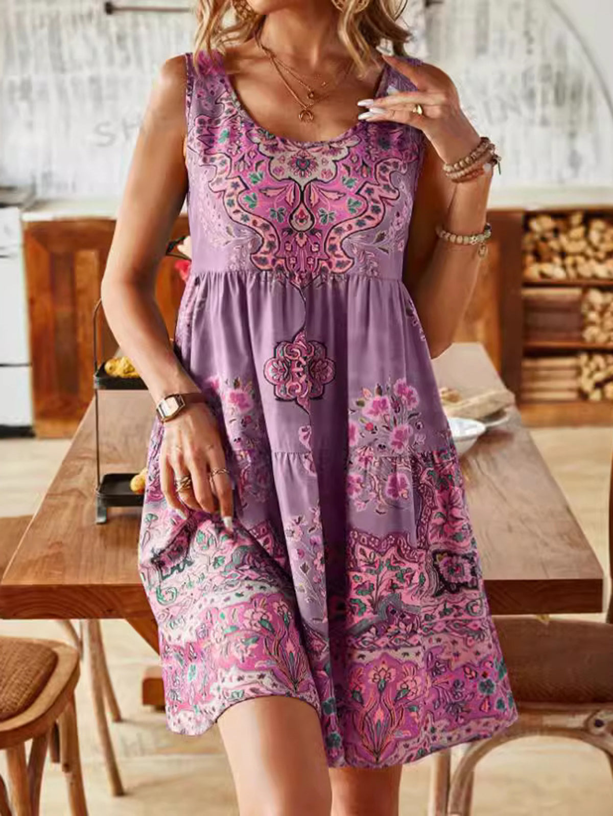 JO | Boho round neckline floral pattern mini dress sleeveless