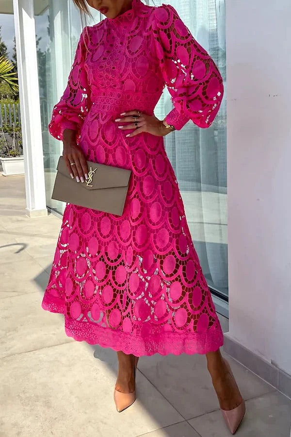 JO | Romantic, Sensual and Elegant Crochet Lace Lantern Sleeve Party Midi Dress