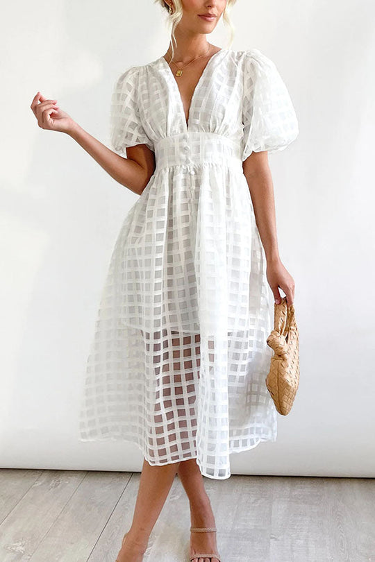 JO | Remarkable Beauty Square Patterned Fabric Puff Sleeve Party Midi Dress