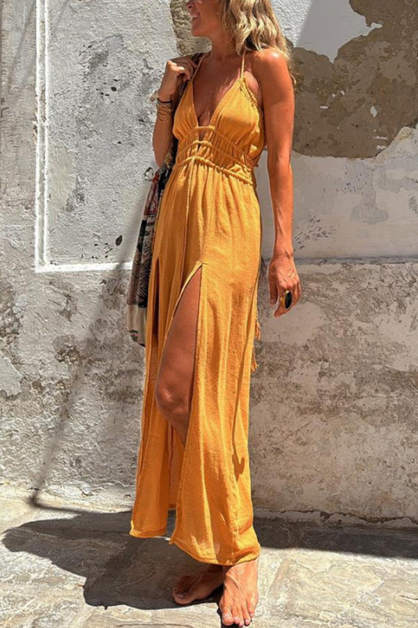 JO | Linen Blend Elastic Waist Halter Backless Pocket Slit Midi Dress