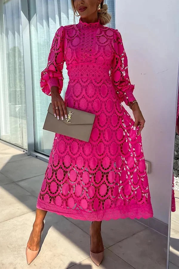JO | Romantic, Sensual and Elegant Crochet Lace Lantern Sleeve Party Midi Dress