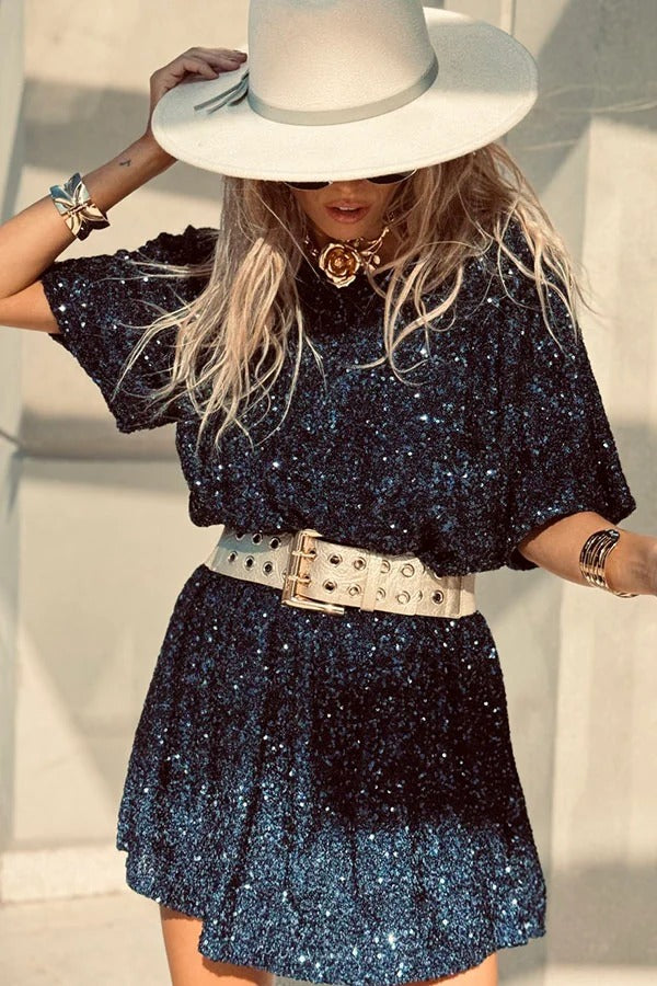JO | Night Moves sequin fabric short sleeves backless H-line mini dress