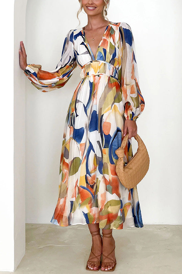 JO | Eclipse Season Printed long-sleeved maxi dress with flowing sleeves