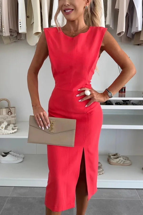 JO | Solid color Round neckline Sleeveless Slim fit midi dress with slit