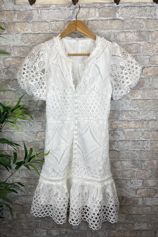 JO | Sweet Valor Crochet Lace Puff Sleeve Button Up Mini Dress