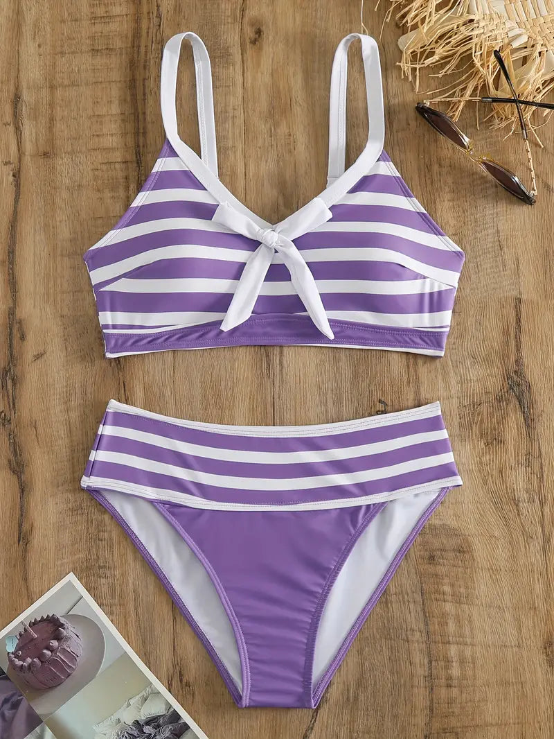 JO | Sexy striped print bow knot V-neck bikini