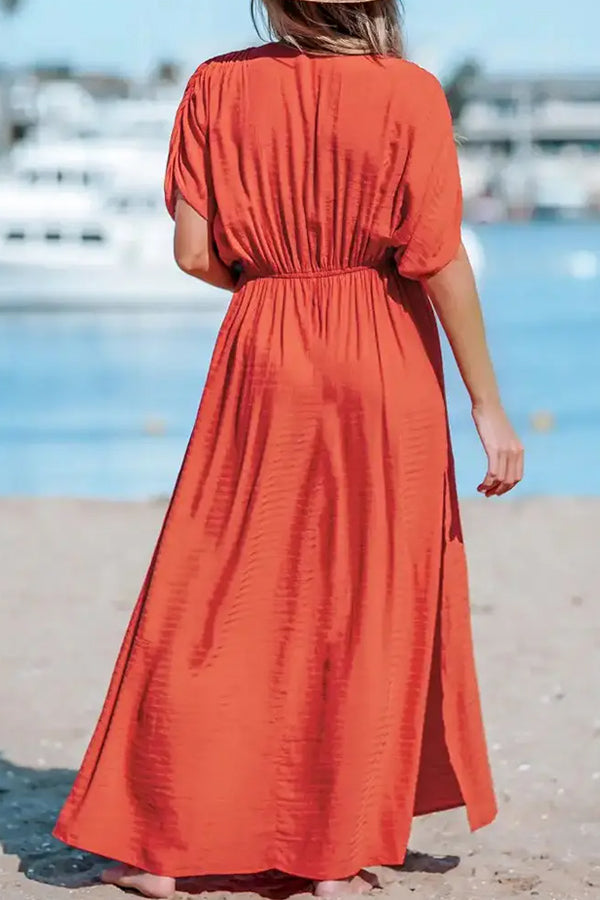 JO | Overcut neckline Split hem Gathered maxi dress