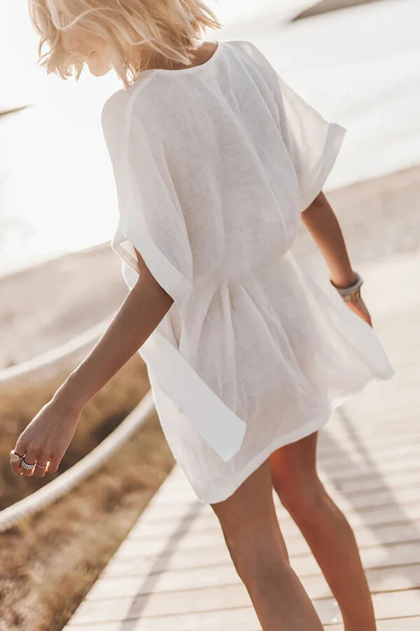 JO | cotton-linen blend pocket belt kimono mini dress