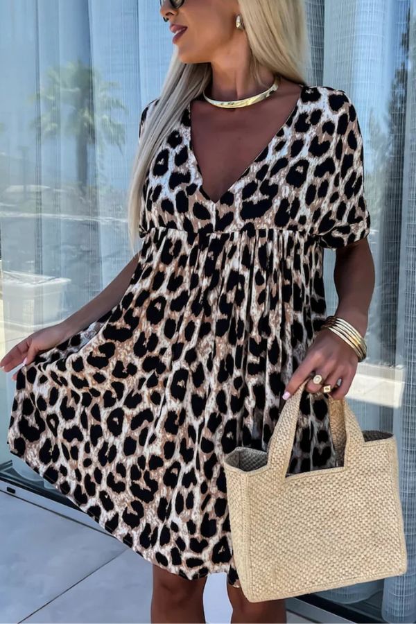 JO | Khaki leopard print backless V-neck mini dress in a loose fit