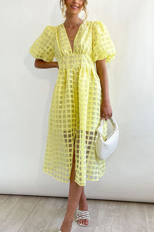 JO | Remarkable Beauty Square Patterned Fabric Puff Sleeve Party Midi Dress