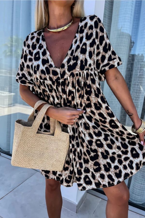 JO | Khaki leopard print backless V-neck mini dress in a loose fit