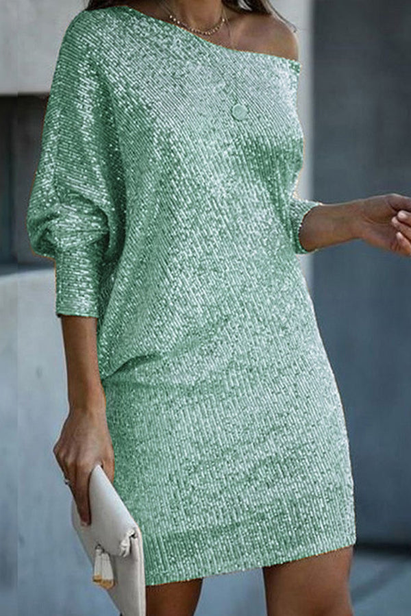 JO | Solid Sequins Off-shoulder Loose Mini Dress