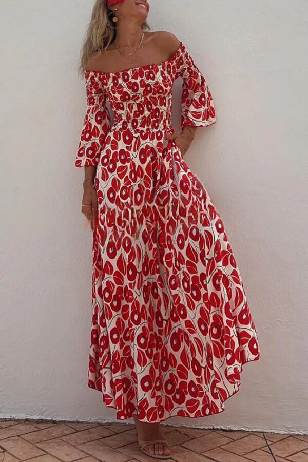 JO | Close To The Vacation Floral Print Smocked Off Shoulder Pocketed Maxi Dress