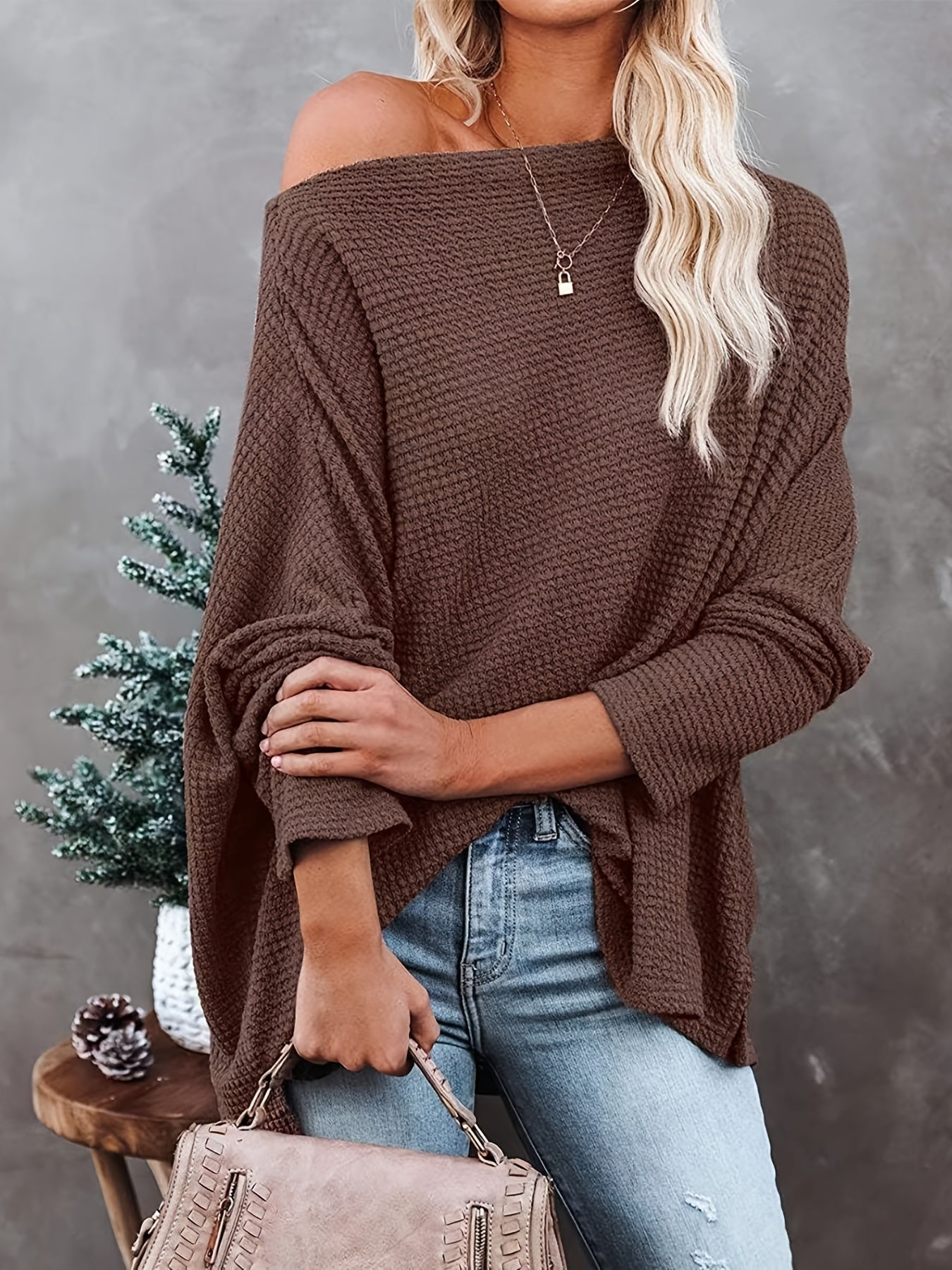 JO | Casual off-the-shoulder long-sleeved knitted sweater, oversized
