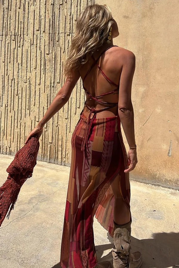 JO | Gypsy Style Unique Print Cowl Neck Back Lace Up Slit Midi Dress