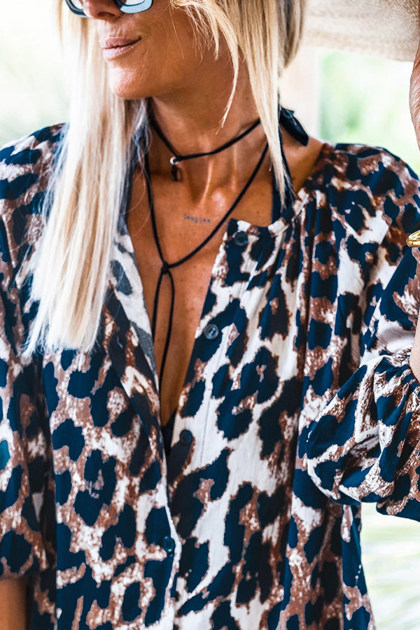 JO | Black Leopard Lantern Sleeve Button Up Mini Dress