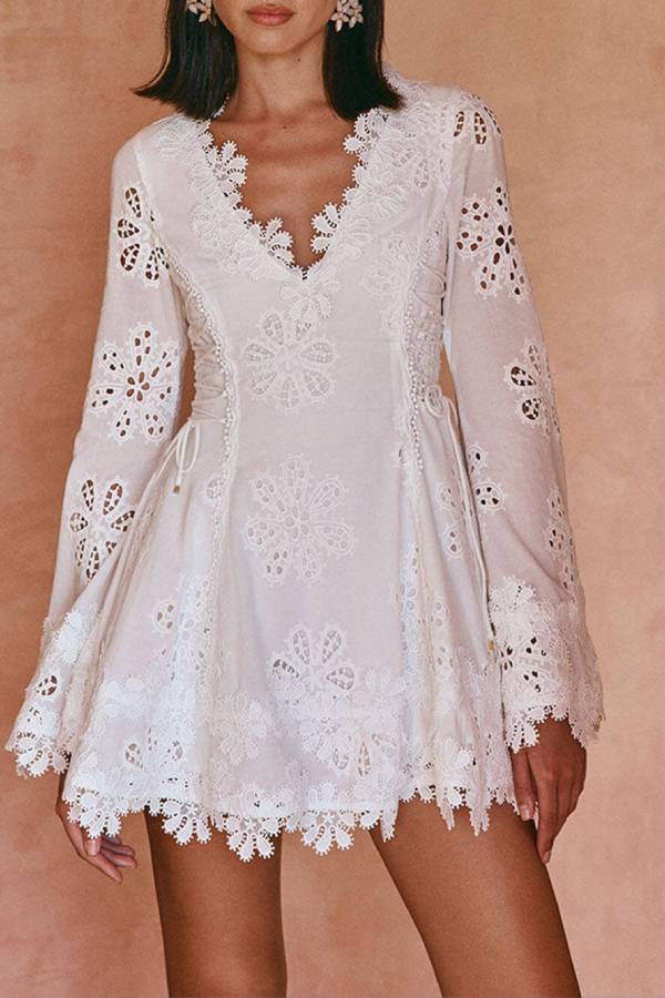 JO | Diaz Embroidery Hollow Fabric Delicate Flower Trim Long Sleeve Side Lace-up Mini Dress