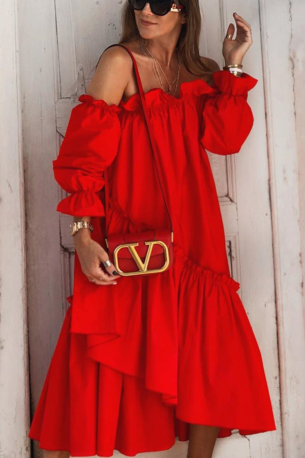 JO | Fionna Off Shoulder Ruffle Irregular Trim Loose Midi Dress