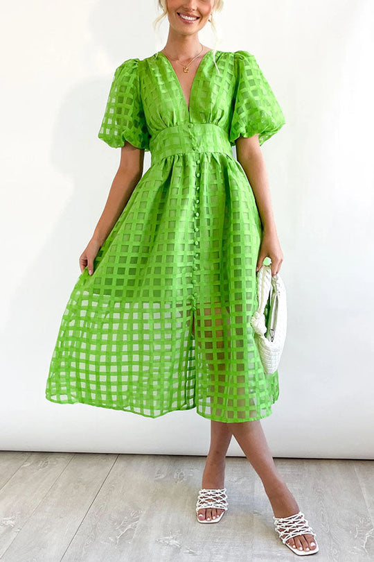 JO | Remarkable Beauty Square Patterned Fabric Puff Sleeve Party Midi Dress