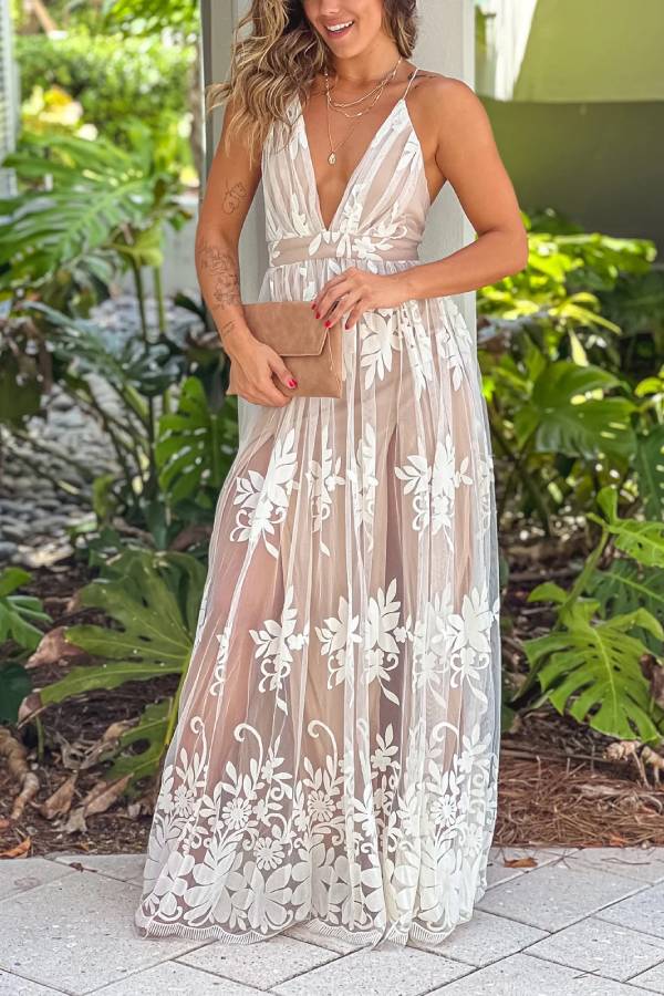 JO | White and Beige Cross Back Floral Tulle Maxi Dress