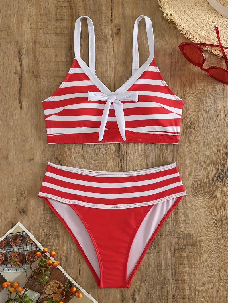 JO | Sexy striped print bow knot V-neck bikini
