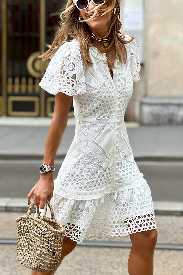 JO | Sweet Valor Crochet Lace Puff Sleeve Button Up Mini Dress