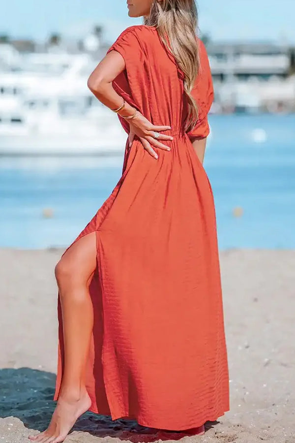 JO | Overcut neckline Split hem Gathered maxi dress