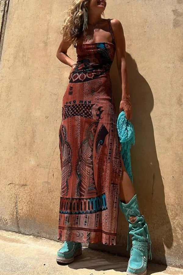 JO | Gypsy Style Unique Print Cowl Neck Back Lace Up Slit Midi Dress